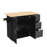 Versatile Kitchen Island with 3 Drawers and 2-Door Cabinet, Space-Saving Rolling Trolley with Foldable Worktop, 135L x 70W x 90H cm, Black(m-12)