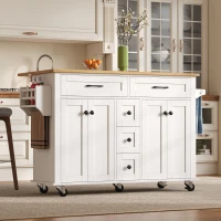 Versatile Kitchen Trolley with Extendable Worktop and 5 Drawers, Sturdy Buffet with Lockable Castors, 140L x 65W x 89H cm, White+Natural(m-12)