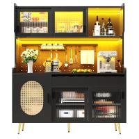 Country-Style Sideboard with Fluted Glass Doors and App-Controlled LED Strip, Storage Buffet with Pegboard Back, 145L x 39W x 171H cm, Black(m-11)
