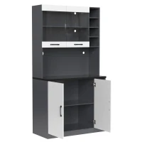 Tall Kitchen Cupboard with LED Lighting and Generous Storage, Freestanding Pantry with Microwave Shelf, 100L x 47W x 187H cm, White+gray(m-13)