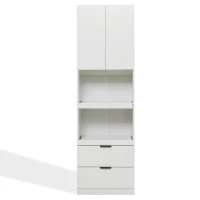 Freestanding Pantry Cabinet with 2 Open Sliding Shelves, Multifunctional Sideboard for Dining & Living Rooms, 59.5L x 45W x 200H cm, White(m-12)