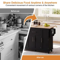 Versatile Kitchen Trolley with Fold-Out Worktop, Spacious Storage Island with Double-Door Cabinets, 136L x 70W x 92H cm, Black+Natural(m-7)