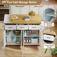 Mobile Kitchen Island with 5 Lockable Castors and Central Wheel, Practical Cart with Foldable Tabletop, 140L x 70W x 90.5H cm, White+Natural(m-5)