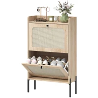 HOMCOM Scarpiera per 12 Paia, Mobile Portascarpe con 2 Cassetti Ribaltabili, Ante in Rattan e Ripiani Regolabili, 60x23,7x99,5 cm, Rovere(m-7)