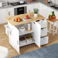Versatile Kitchen Island with 3 Drawers and 2-Door Cabinet, Space-Saving Rolling Trolley with Foldable Worktop, 135L x 70W x 90H cm, White(m-7)