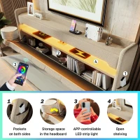 Upholstered Storage Bed with Integrated LED Lighting and USB Ports, Hydraulic Bed with Metal Slatted Frame, 225L x 156W x 111H cm, Beige(m-6)