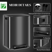 HOMCOM Mülleimer mit 2x30L Fächern, Soft-Close-Deckel, Fingerabdrucksicher, Edelstahl, Schwarz(m-7)