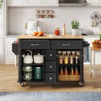 Versatile Kitchen Trolley with Extendable Worktop and 5 Drawers, Sturdy Buffet with Lockable Castors, 140L x 65W x 89H cm, Black+Natural(m-1)
