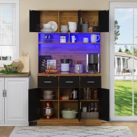 Stylish Tall Pantry Cabinet with App-Controlled LED, Spacious Larder Unit with Water-Resistant Worktop, 100L x 40W x 180H cm, Natural+Black(m-8)