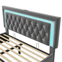 Upholstered Bed with Built-In USB Ports and Type-C Charging, Hydraulic Storage Bed with Adjustable Headboard, 214L x 160W x 108H cm, Grey(m-10)