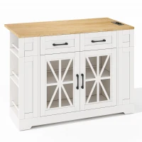 Mobile Kitchen Island with Foldable Tabletop and Sockets, Storage Buffet with Adjustable Shelves, 120L x 65W x 92H cm, White+Natural(m-2)