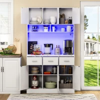 Stylish Tall Pantry Cabinet with App-Controlled LED, Spacious Larder Unit with Water-Resistant Worktop, 100L x 40W x 180H cm, White(m-10)