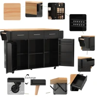 Stylish Kitchen Trolley with Foldable Wood-Grain Countertop, Versatile Buffet with Interchangeable Wheels, 139L x 46W x 91H cm, Black+Natural(m-8)