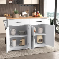 Contemporary Kitchen Storage Trolley with Foldable Dropleaf, Spacious Buffet with Towel Holders, 120L x 71W x 91.5H cm, White+Natural(m-9)