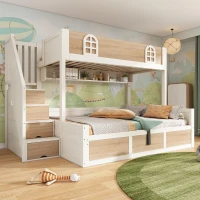 Cabin-Style Bunk Bed with Staircase Storage Cube & Hanging Baskets, Hydraulic-Lift Bed for Children, 244L x 140W x 155H cm, Natural+White(m-7)