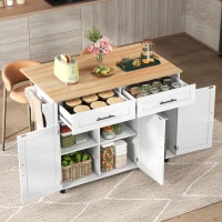 Modern Kitchen Trolley with 2 Drawers and Cabinets, Mobile Kitchen Island with Foldable Tabletop, 129L x 46W x 91.5H cm, White+Natural(m-10)