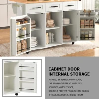 Stylish Kitchen Trolley with Foldable Wood-Grain Countertop, Versatile Buffet with Interchangeable Wheels, 139L x 46W x 91H cm, White(m-5)