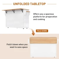 Contemporary Kitchen Storage Trolley with Foldable Dropleaf, Spacious Buffet with Towel Holders, 120L x 71W x 91.5H cm, White+Natural(m-6)