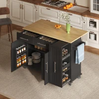 Sleek Kitchen Trolley with Drop Leaf and Pull-Out Organiser, Mobile Kitchen Island with Lockable Castors, 120L x 40W x 90H cm, Black+Natural(m-10)