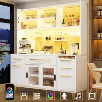 Trendy Sideboard with App-Controlled LED and MDF Pegboard, Tall Storage Cabinet with Sliding Door, 45L x 39W x 171H cm, White(m-5)