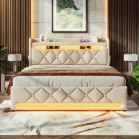 Upholstered Storage Bed with Integrated LED Lighting and USB Ports, Hydraulic Bed with Metal Slatted Frame, 225L x 156W x 111H cm, Beige(m-1)