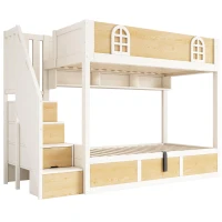 Cabin-Style Bunk Bed with Staircase Cabinet & Underbed Storage, Space-Saving Single Bed for Kids, 243L x 95W x 152H cm, Natural+White(m-2)