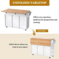 Modern Kitchen Trolley with 2 Drawers and Cabinets, Mobile Kitchen Island with Foldable Tabletop, 129L x 46W x 91.5H cm, White+Natural(m-6)