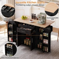 Versatile Kitchen Trolley with Fold-Out Worktop, Spacious Storage Island with Double-Door Cabinets, 136L x 70W x 92H cm, Black+Natural(m-4)