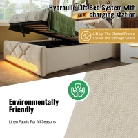 Upholstered Storage Bed with Integrated LED Lighting and USB Ports, Hydraulic Bed with Metal Slatted Frame, 225L x 156W x 111H cm, Beige(m-5)
