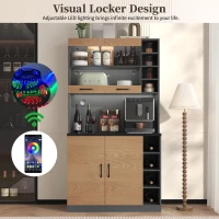 Tall Kitchen Cupboard with LED Lighting, Generous Storage, Freestanding Pantry with Microwave Shelf, 100L x 47W x 187H cm, Natural+Grey(m-5)