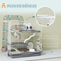 PawHut Cage hamster, cage rongeur à 3 niveaux, roue d'exercice, tunnel, gamelle, niche et rampe d'accès, 45 x 30 x 45 cm, gris(m-8)