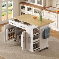 Sleek Kitchen Trolley with Drop Leaf and Pull-Out Organiser, Mobile Kitchen Island with Lockable Castors, 120L x 40W x 90H cm, White+Natural(m-10)