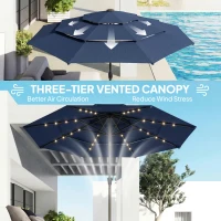 Outsunny 2.8 m Garden Parasol Umbrella with LED Solar Light, Parasol Cover, 3 Tier Outdoor Table Market Patio Umbrella, Navy Blue(m-6)
