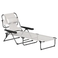 Outsunny Șezlong de grădină pliabil, spătar reglabil pe 4 niveluri, orificiu pentru lectură și suport pentru cap 72 x 194 x 89 cm crem(m-1)