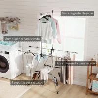 HOMCOM Tendedero Vertical Plegable con Alas Ajustables 4 Soportes para Calzado Barra y Estante 139x62,5x201 cm Plata(m-4)