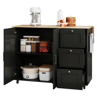 Versatile Kitchen Island with 3 Drawers and 2-Door Cabinet, Space-Saving Rolling Trolley with Foldable Worktop, 135L x 70W x 90H cm, Black(m-14)