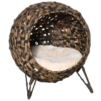 PawHut Cuccia in rattan per gatti con cuscino rialzata, Ø52x58 cm, Marrone(m-1)