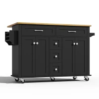 Versatile Kitchen Trolley with Extendable Worktop and 5 Drawers, Sturdy Buffet with Lockable Castors, 140L x 65W x 89H cm, Black+Natural(m-15)