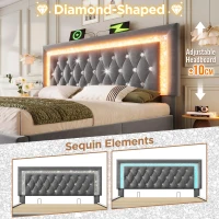 Upholstered Bed with Built-In USB Ports and Type-C Charging, Hydraulic Storage Bed with Adjustable Headboard, 214L x 160W x 108H cm, Grey(m-5)