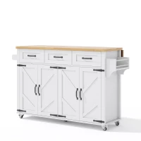 Mobile Kitchen Island with 5 Lockable Castors and Central Wheel, Practical Cart with Foldable Tabletop, 140L x 70W x 90.5H cm, White+Natural(m-11)