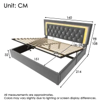 Upholstered Bed with Built-In USB Ports and Type-C Charging, Hydraulic Storage Bed with Adjustable Headboard, 214L x 160W x 108H cm, Grey(m-3)