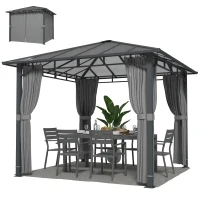 Outsunny Pavilion de grădină aprox. 3 x 3 m, pavilion metalic cu acoperiș din policarbonat de 6 mm, 4 părți laterale, UV50+ gri închis(m-6)