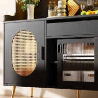 Country-Style Sideboard with Fluted Glass Doors and App-Controlled LED Strip, Storage Buffet with Pegboard Back, 145L x 39W x 171H cm, Black(m-9)