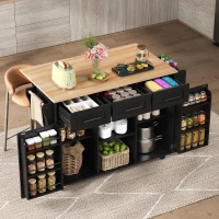 Stylish Kitchen Trolley with Foldable Wood-Grain Countertop, Versatile Buffet with Interchangeable Wheels, 139L x 46W x 91H cm, Black+Natural(m-1)