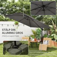 Outsunny Umbrelă de Grădină Decentralizată cu Manivelă 3x3m, Înclinabilă, Rotativă 360°, Umbrelă de Exterior Pătrată cu Bază Cruce, din Aluminiu, pentru Terasă sau Piscină, UV30+, Gri Închis(m-7)