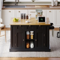 Versatile Kitchen Island with 3 Drawers and 2‑Door Cupboards, Practical Trolley with Extendable Worktop, 132L x 70W x 87H cm, Natural+Black