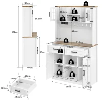 Tall Kitchen Pantry with Drawers and Remote-Controlled LEDs, Stylish Bar Cabinet with Adjustable Shelves, 100L x 40W x 172H cm, Brown+White(m-3)