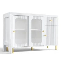 Multifunctional Bar Cabinet with Rotating Extendable Tabletop, Space-Saving Sideboard with Sliding Doors, 122L x 40W x 82H cm, White(m-2)