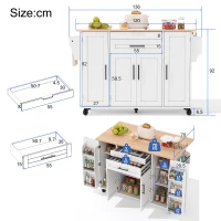 Versatile Kitchen Trolley with Fold-Out Worktop, Spacious Storage Island with Double-Door Cabinets, 136L x 70W x 92H cm, White+Natural(m-3)
