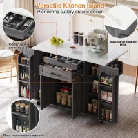 Versatile Kitchen Trolley with Fold-Out Worktop and Lockable Castors, Spacious Kitchen Island with Cabinets, 136L x 70W x 92H cm, Gray(m-4)